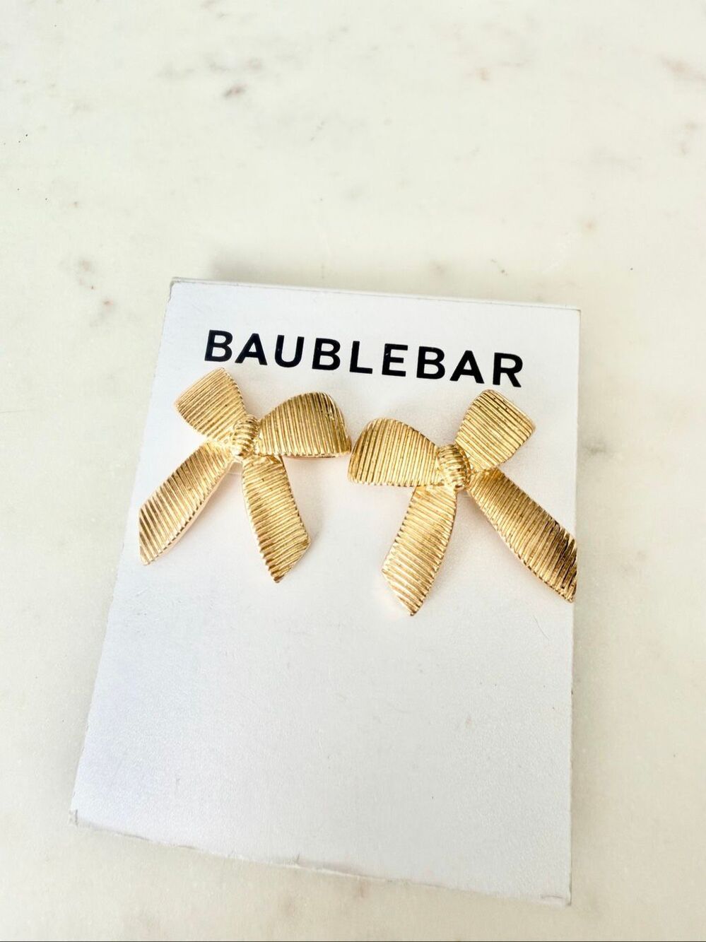 NWT BaubleBar Gold Bow Stud Earrings Textured Ribbon Statement Preppy